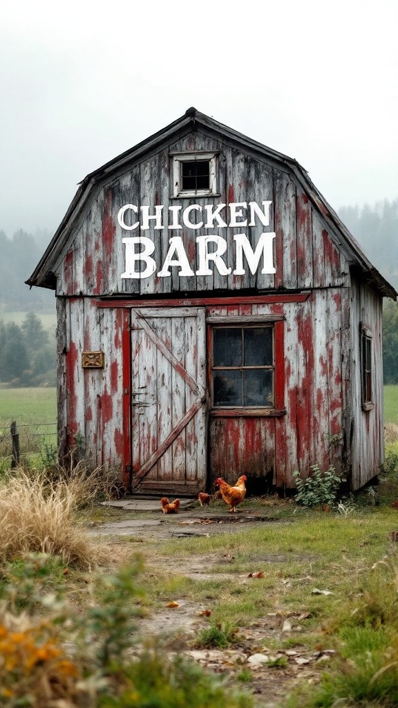 A vintage barn style chicken house with red weathered wood and chickens outside.