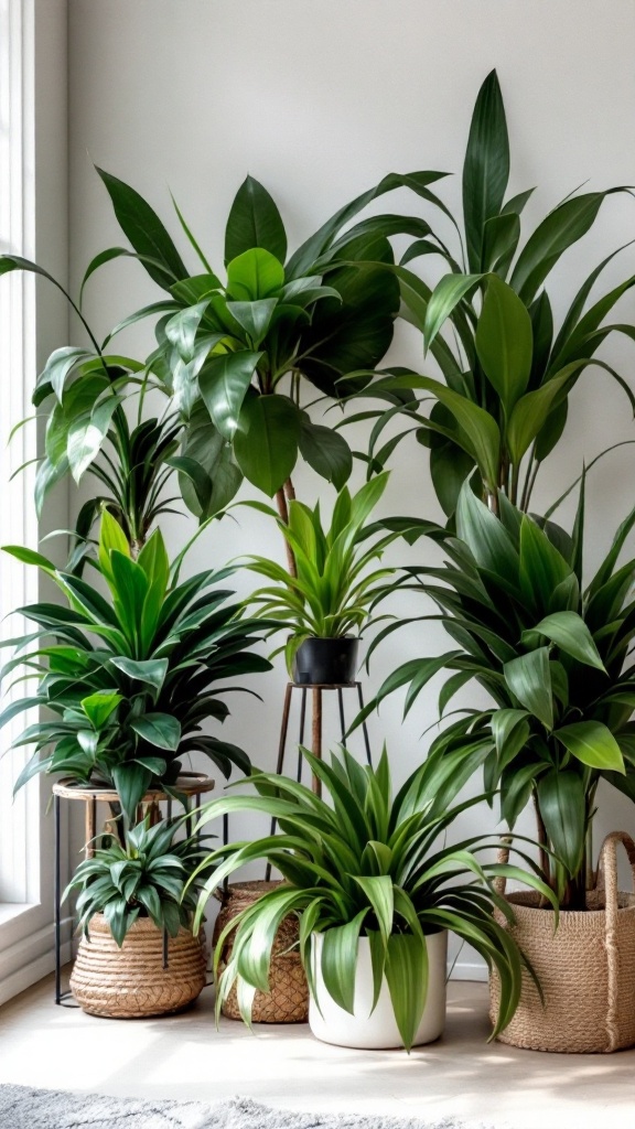 A collection of various Dracaena plants in stylish pots, showcasing their diverse shapes and sizes.