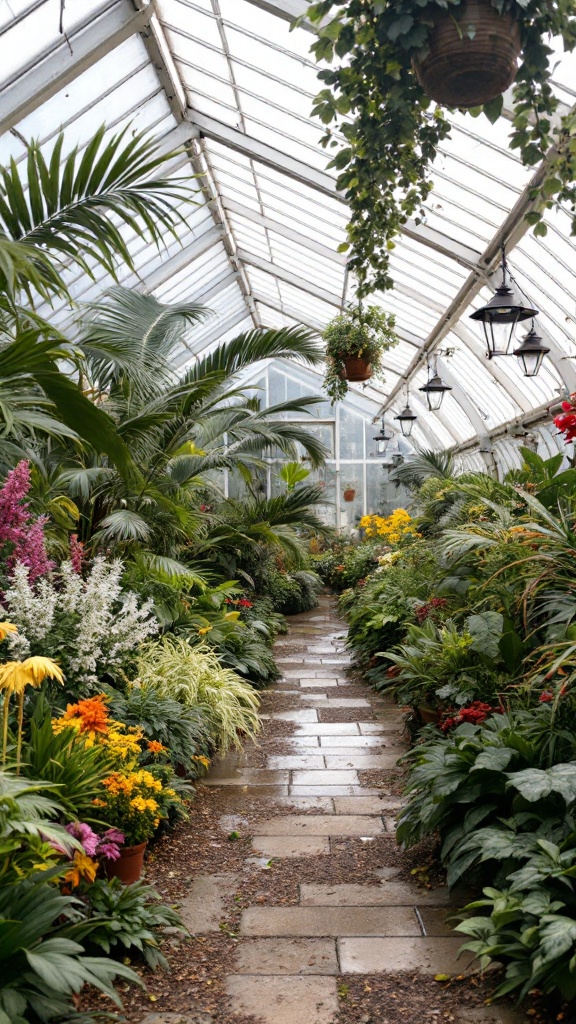 A lush greenhouse filled with various plants and flowers, showcasing a path lined with colorful blooms.