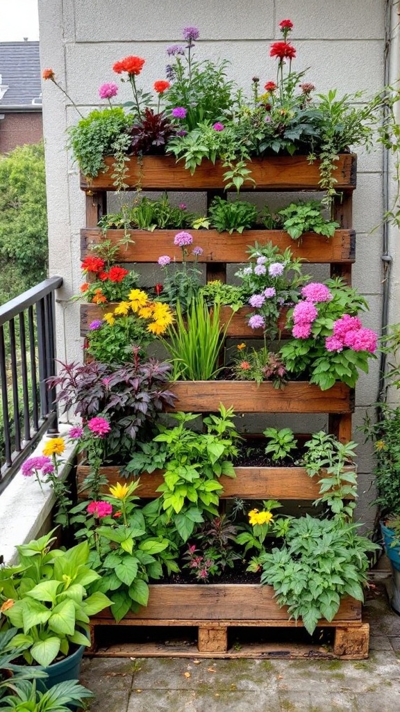 Colorful DIY pallet garden filled with various flowers and plants on a small balcony.