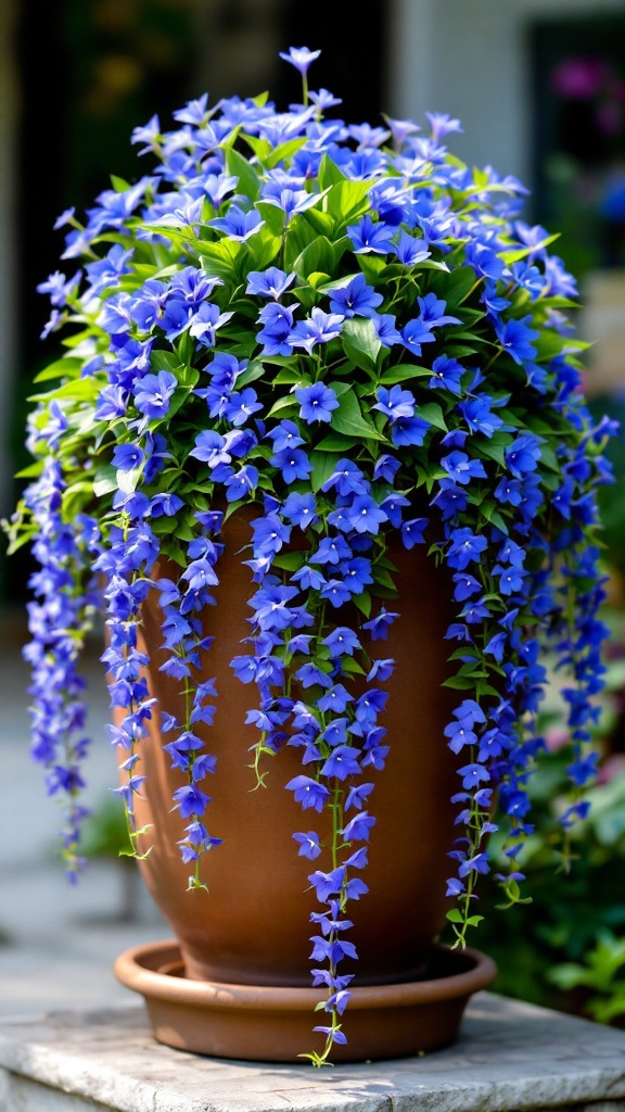 A pot filled with cascading blue lobelia flowers.