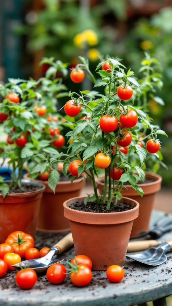Potted compact tomato plants with red tomatoes on a table.