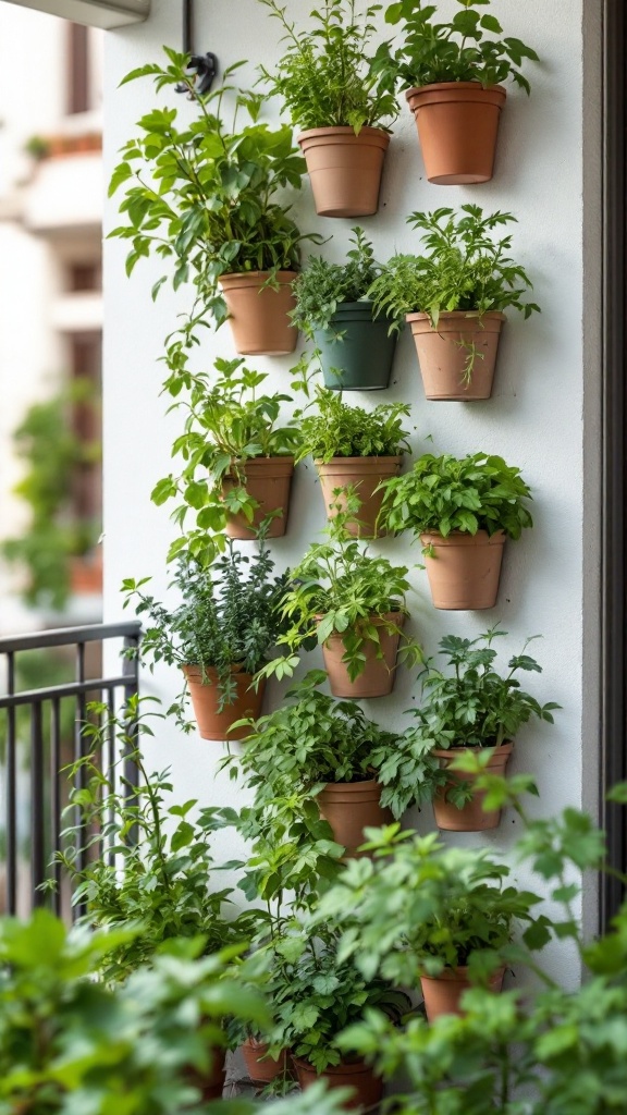 Vertical herb garden with multiple pots hanging on a wall, featuring a variety of green herbs.