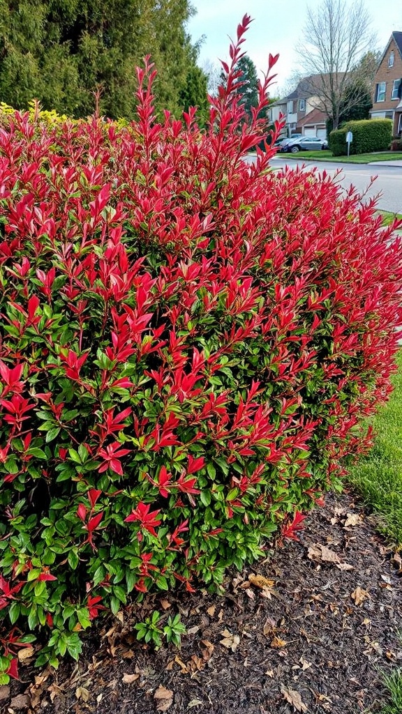 Vibrant red Photinia bush in a residential area