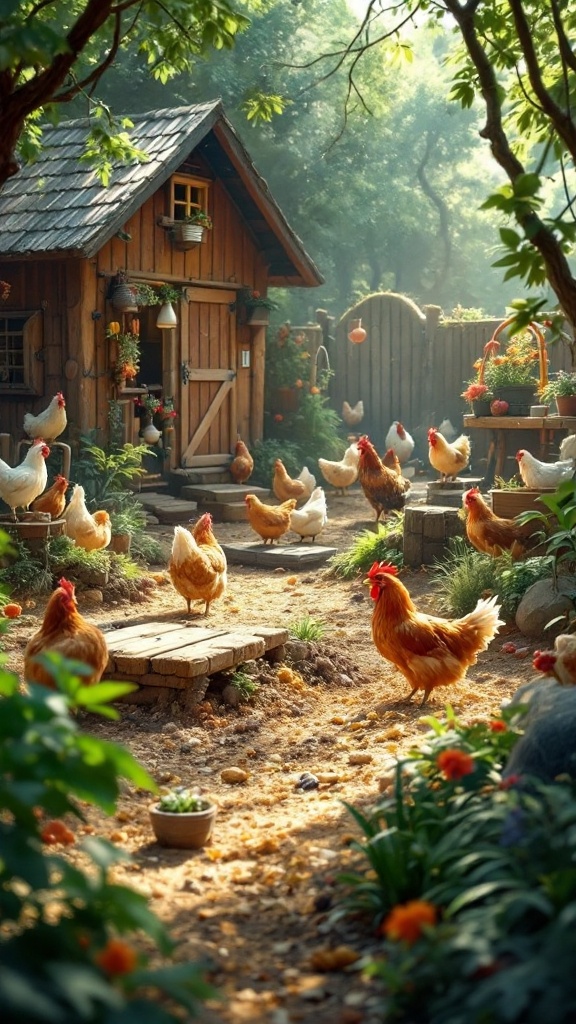 A charming backyard chicken run with a wooden house, chickens roaming, and lush greenery.