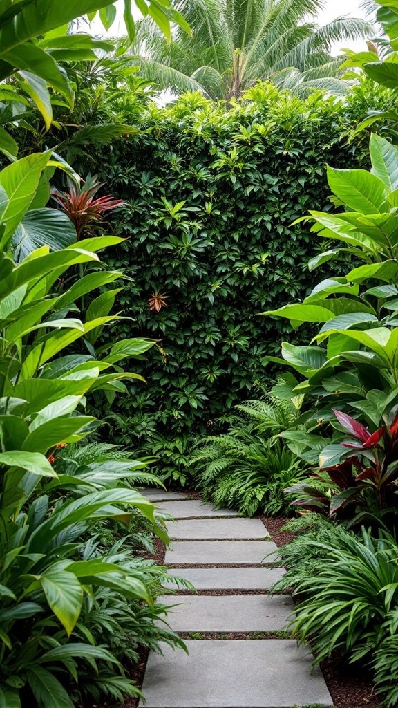 A pathway surrounded by lush green plants and shrubs, creating a tropical vibe.