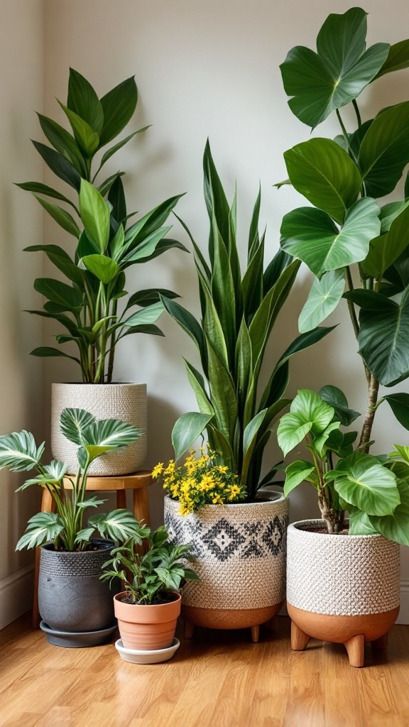 A variety of indoor plants in stylish pots arranged in a cozy corner.