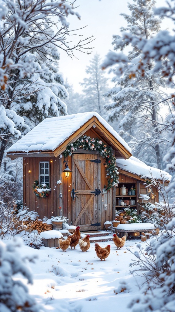 A charming wooden chicken coop in a snowy landscape, surrounded by trees and chickens.