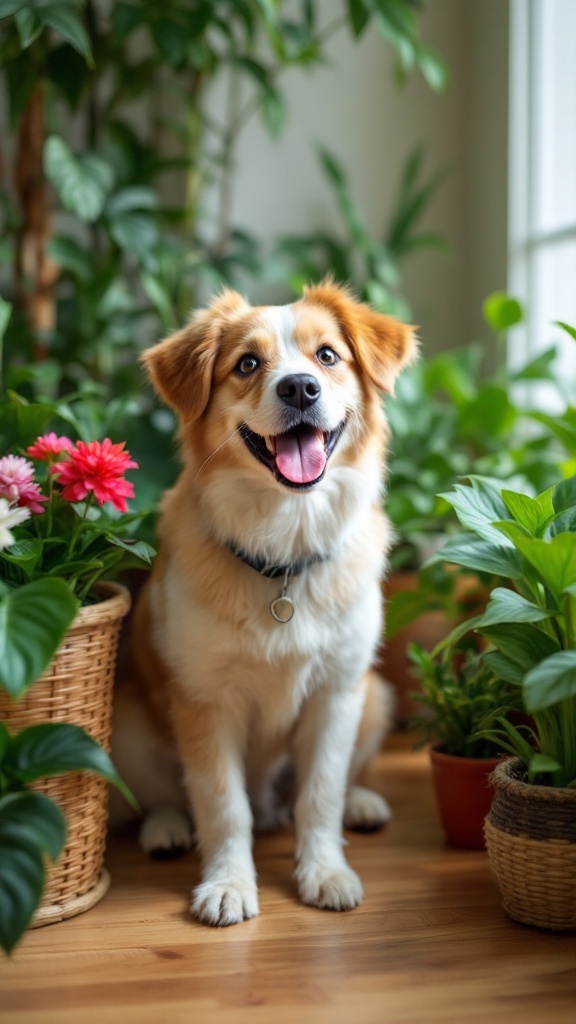 A happy dog sitting among various pet-friendly plants in a cozy indoor setting.