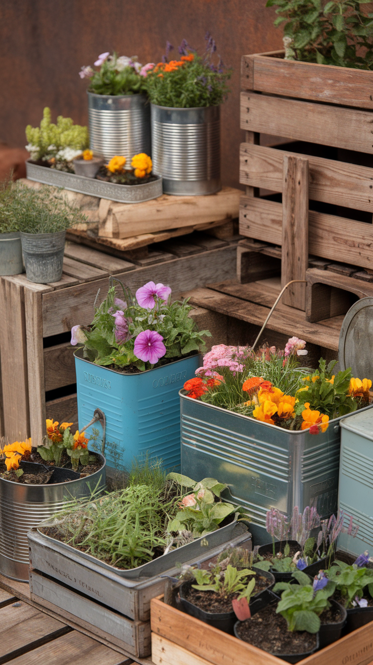 A collection of repurposed containers filled with colorful flowers and herbs arranged on wooden pallets.